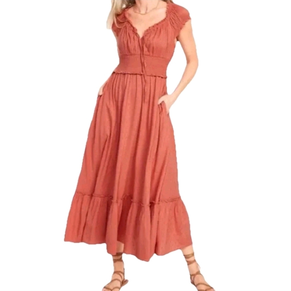 Old Navy Waist Defined Puff Sleeve Clip Dot Midi Dress Sz XL Dark Coral Milkmaid